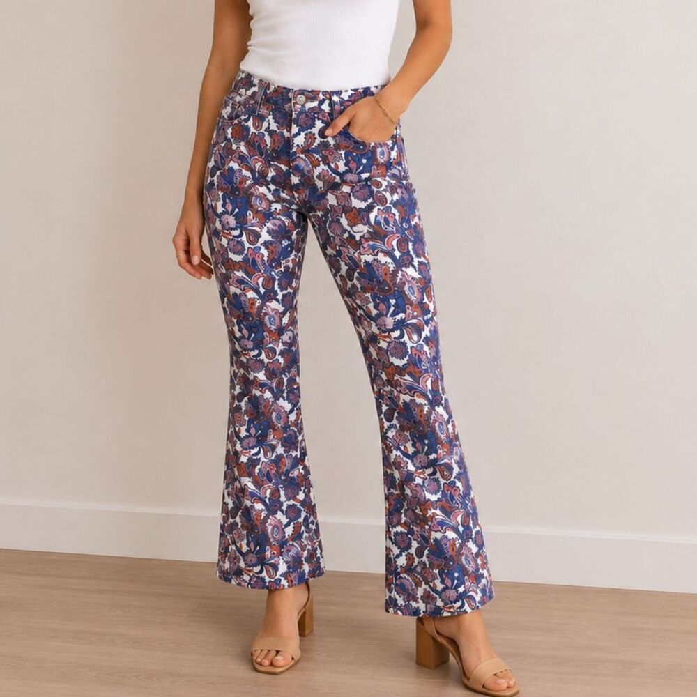 Boden Printed Denim Flare Pants | Paisley Floral Print | Size 8R